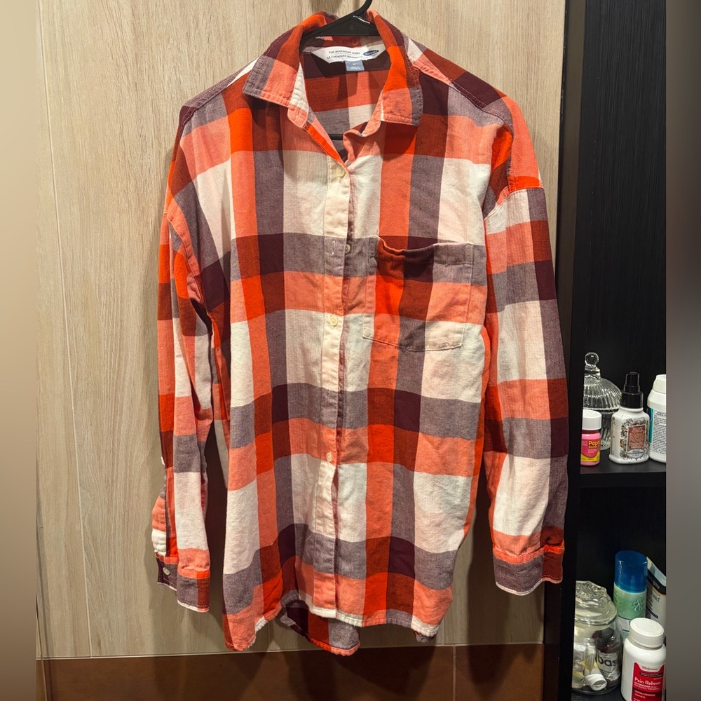 Old Navy Boyfriend Plaid Shirt - Orange and Black